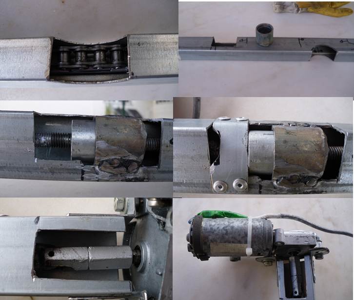 Vê-se a corrente fixa na culatra já dentro do tubo quadrado galvanizado 30x40mm. è também visível u suporte para o rolamento do varão roscado. Tubo exterior de 1'' com tubo galvanizado de 3/4'' para fixação do rolamento de forma a não deslizar. Finalmente a ligação do motor do tecto de abrir do meu velho punto