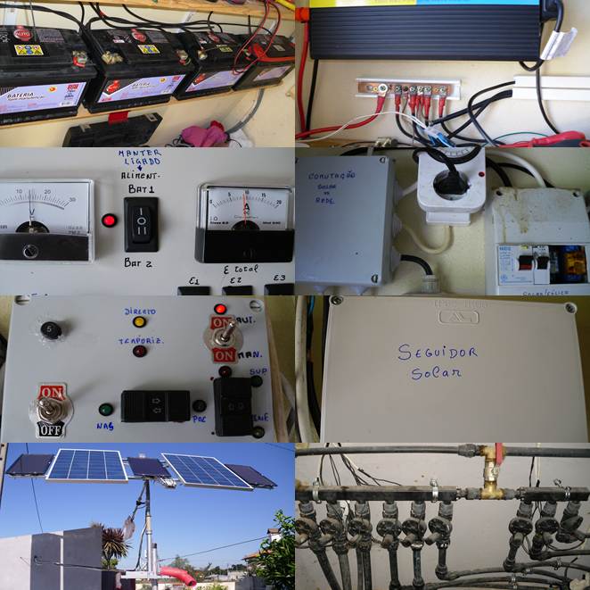 1- Banco de baterias, 3x74Ah 680A 1x92Ah 760A. 2- Ligações das baterias (ainda só os positivos) e inversor. 3- controlador carga (9A). 4- Programador para rodar o sistema para nascente durante a noite e caixa de disjuntores e relés. 5- Sistema de controlo em automático funciona com o seguidor solar e o temporizador, em manual posso mover o sistema na horizontal e na vertical para as posições que quiser. 6- Cx com o seguidor solar. 7- Painéis. 8- electroválvulas para rega alimentadas (incluindo o controlador) a partir desete sistema
